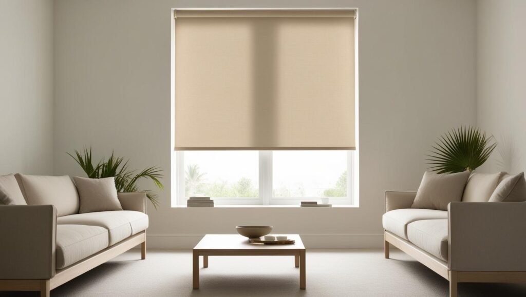 Sala de estar con ventana chica y Persiana enrollable traslucida