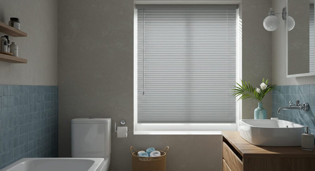 Baño con persianas plisadas grises