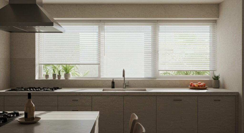 Cocina con persianas celulares traslucidas