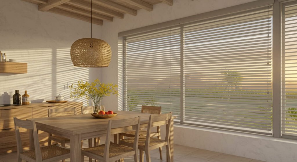 Comedor con persianas horizontales venecianas de aluminio