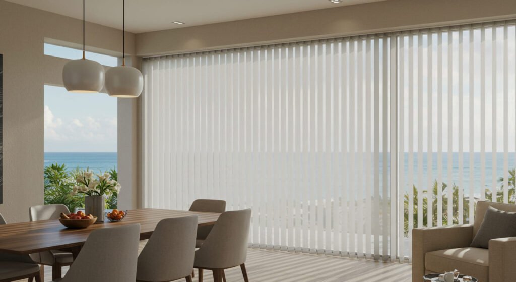 Comedor con persianas verticales de tela en Tulúm