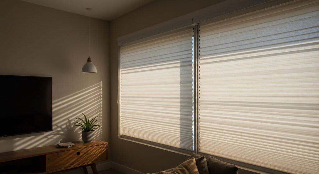 Cuarto de TV con persianas plisadas