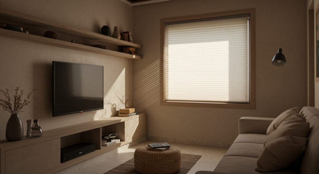Cuarto de TV pequeño minimalista con persianas plisadas