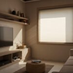 Cuarto de TV pequeño minimalista con persianas plisadas