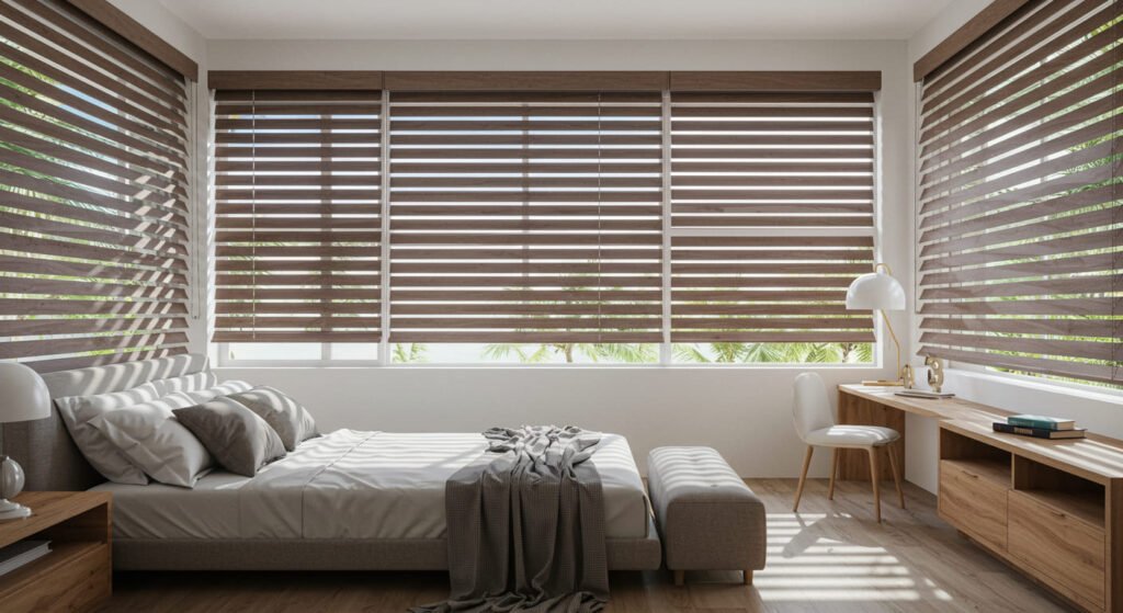 Dormitorio con persianas vencianas de madera