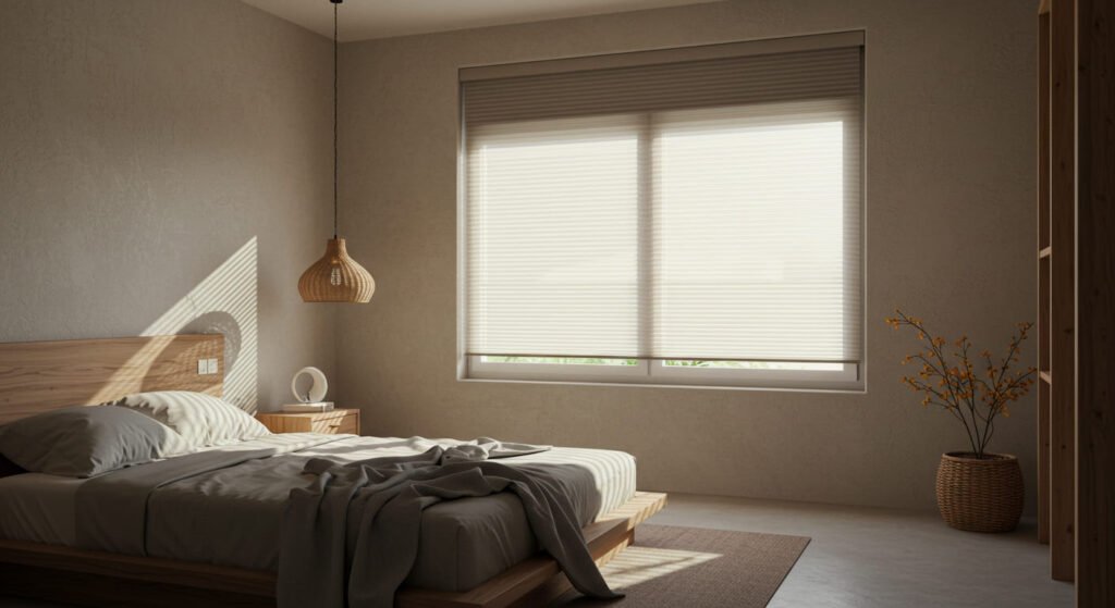 Dormitorio minimalista con persianas plisadas