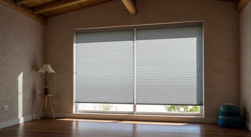 Estudio de yoga con persianas plisadas