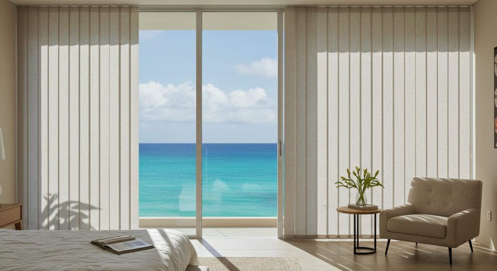 Habitación de hotel con persianas verticales de tela