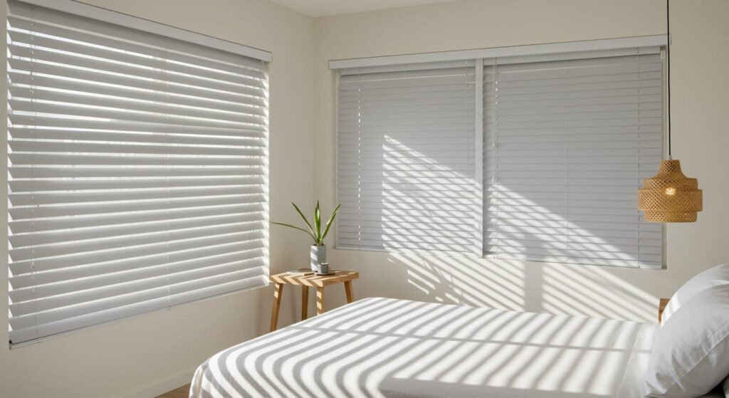 Habitación de hotel con persianas horizontales de aluminio blanco