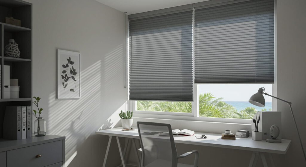 Oficina con persianas plisadas grises