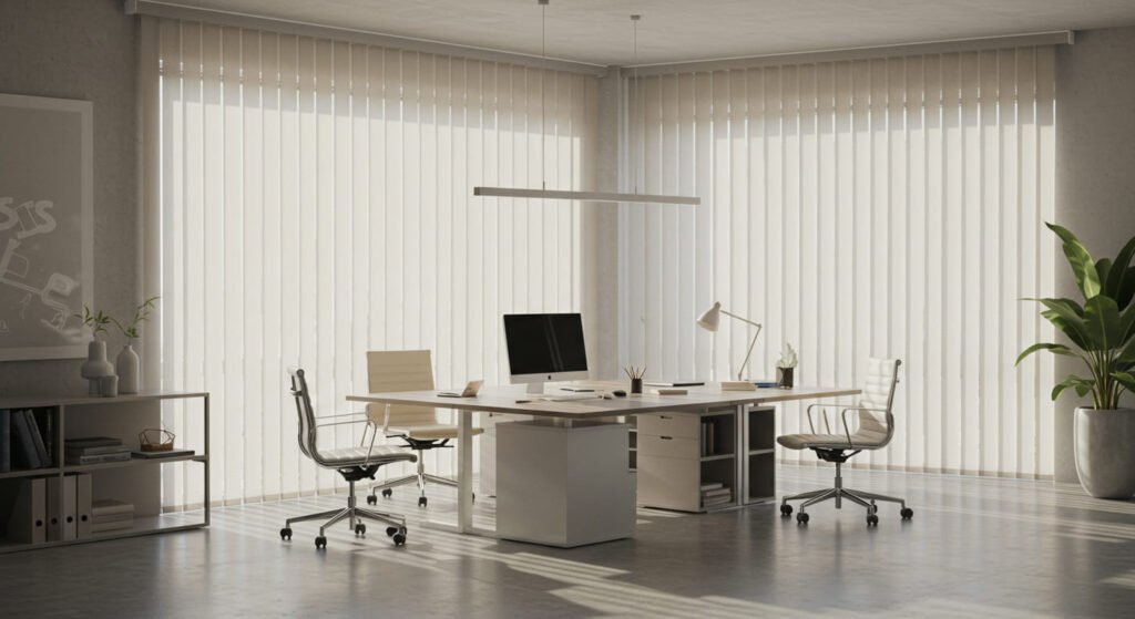 Oficina con persianas verticales de tela