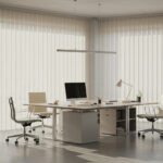 Oficina con persianas verticales de tela