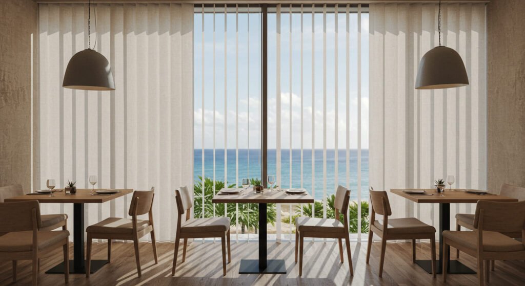 Pequeño comedor de hotel con persianas verticales de tela