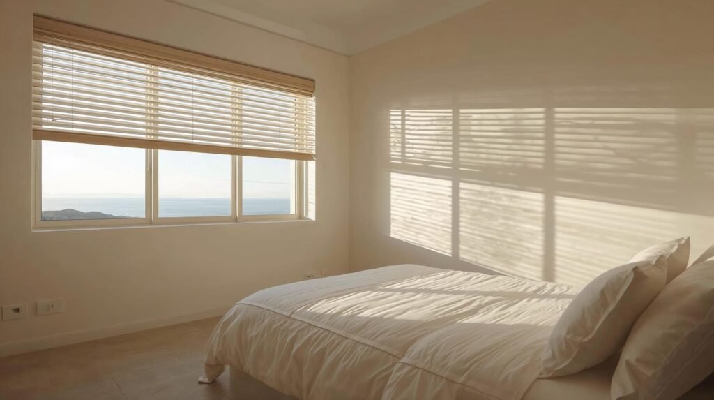 Persianas horizontales instaladas en una recamara pequeña con vista panoramica en Playa del Carmen