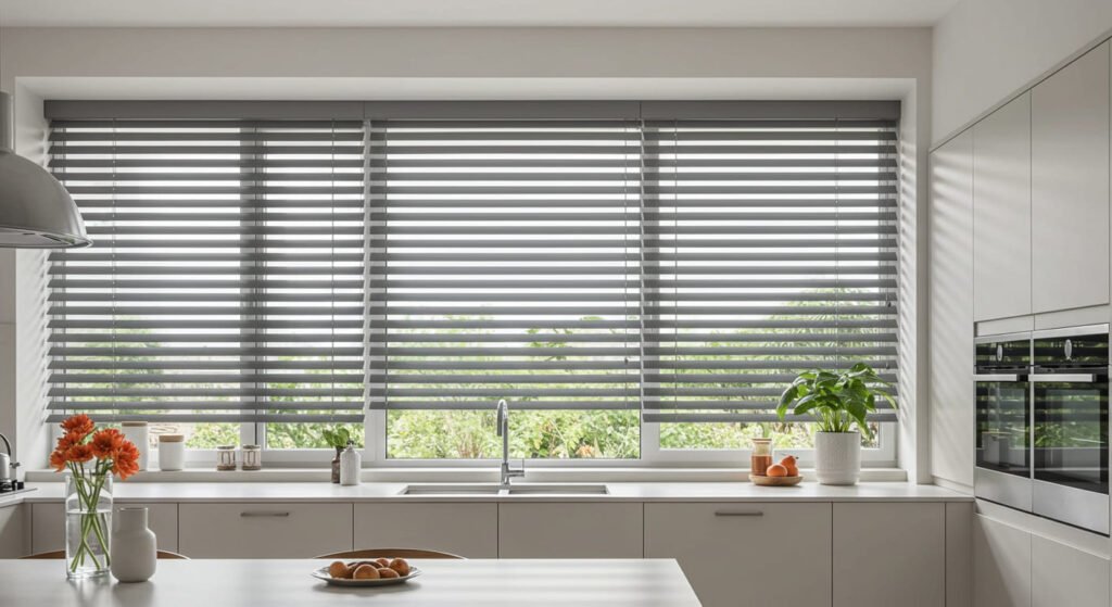 Prsianas venecianas de aluminio gris en cocina en Tulum