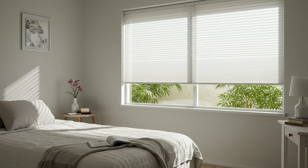 Recamara con persianas plisada grises