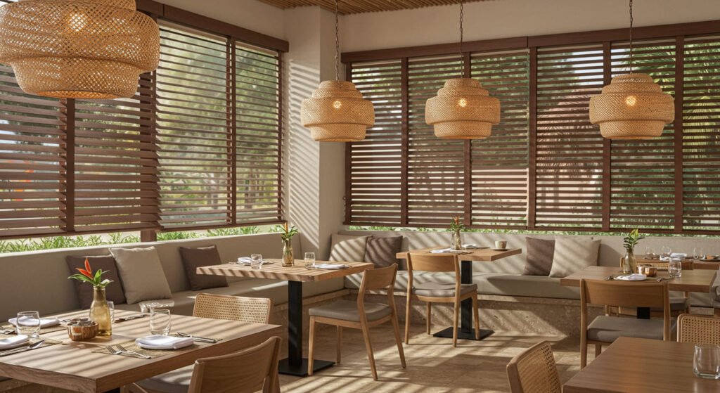 Restaurante con persianas vencianas de madera