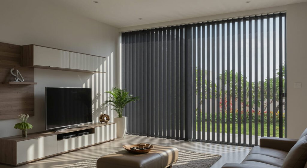 Sala de TV con persianas verticales de tela blackout