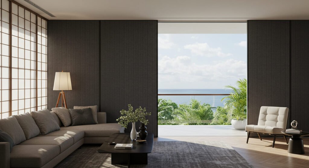 Sala de estar con Paneñ Japonés blackout en Tulum