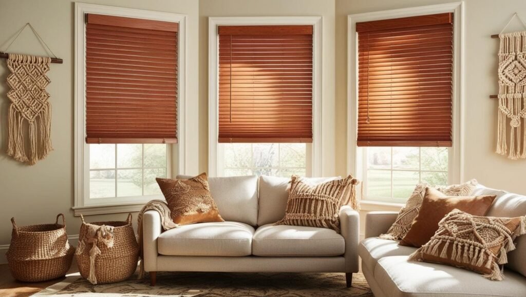 Sala de estar con persianas horizontales de madera estilo boho