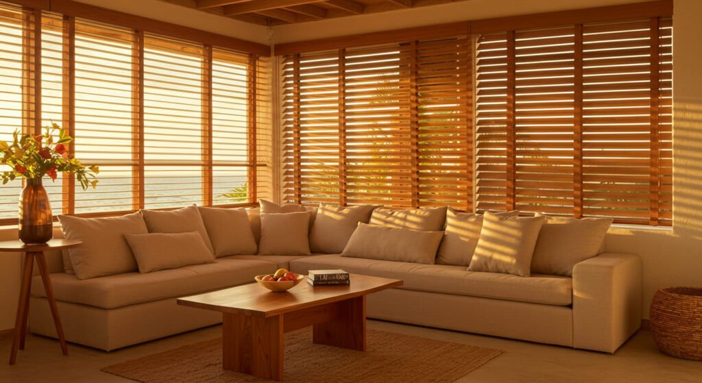 Sala de estar en Tulum con persianas venecianas de madera de cedro