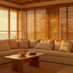 Sala de estar en Tulum con persianas venecianas de madera de cedro