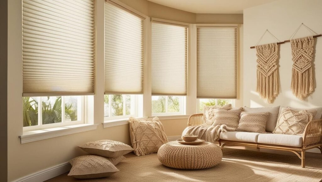 Sala de estar estilo boho con persianas celulare honeycomb