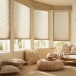 Sala de estar estilo boho con persianas celulare honeycomb