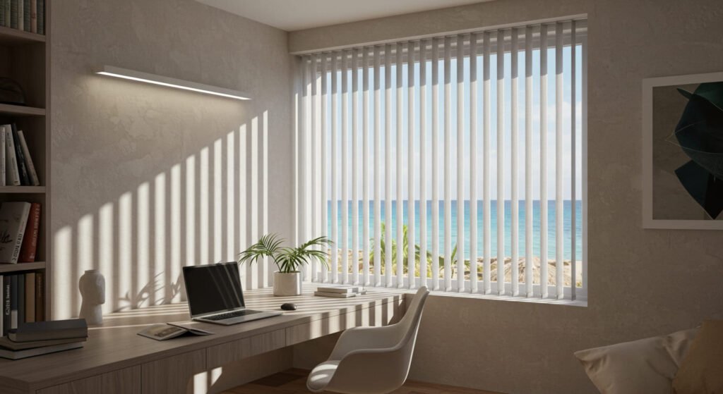 Sala de estudio con persianas verticales