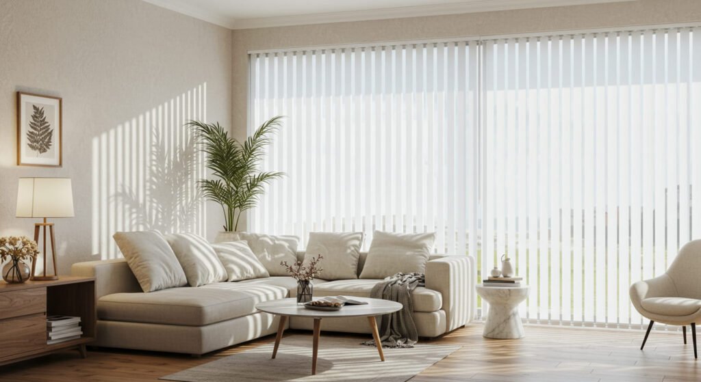 Sala moderna con persianas verticales de tela
