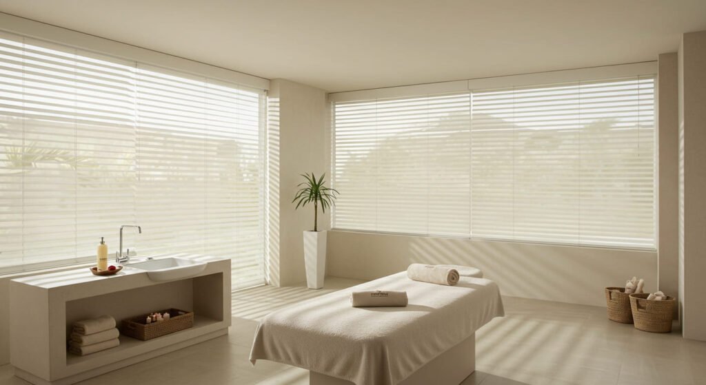 Spa con persianas Shangri-la abiertas