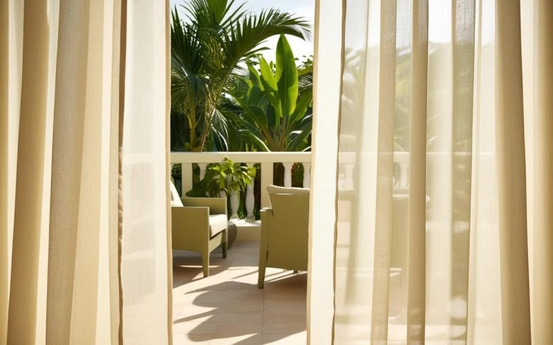 Primer plano de unas cortinas traslúcidas parcialmente cerradas, con vista a una terraza tropical Primer plano de unas cortinas traslúcidas parcialmente cerradas, con vista a una terraza tropical